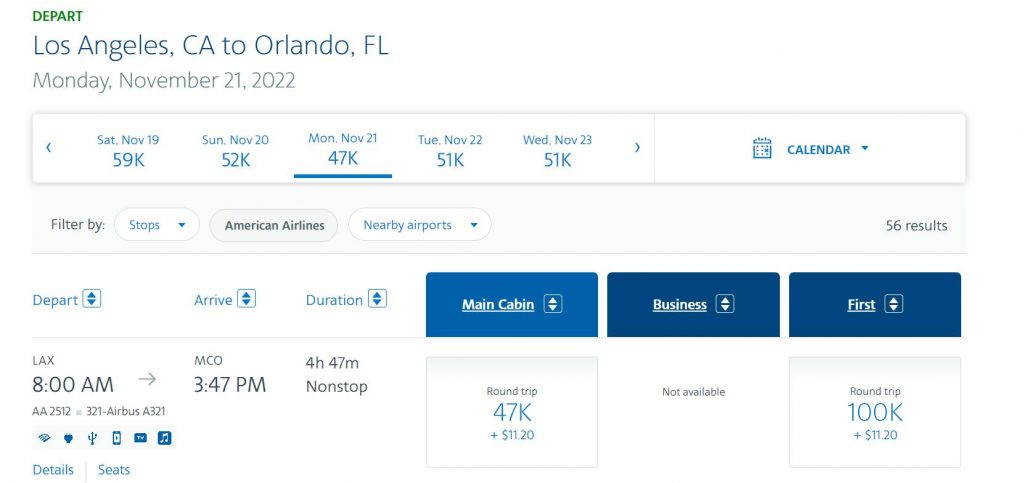 American Airlines flights calender and price