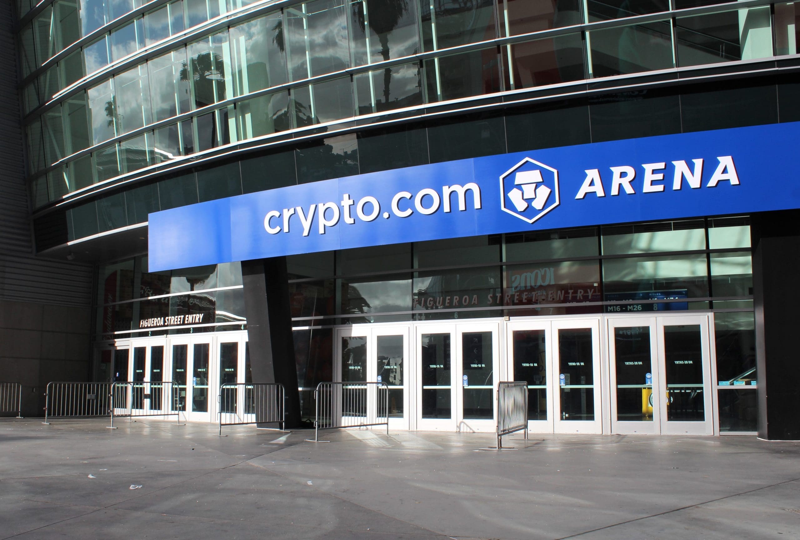 Exterior view of the Crypto.com Arena in Los Angeles showcasing the brand's logo.