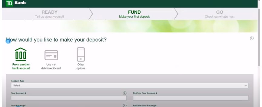 Fund New Account on TD Bank website
