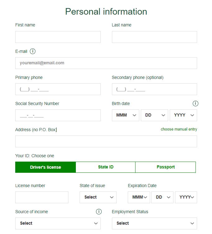 enter personal details on new account Application