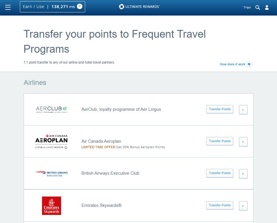 transfer points to airline travel programs on Chase Ultimate rewards
