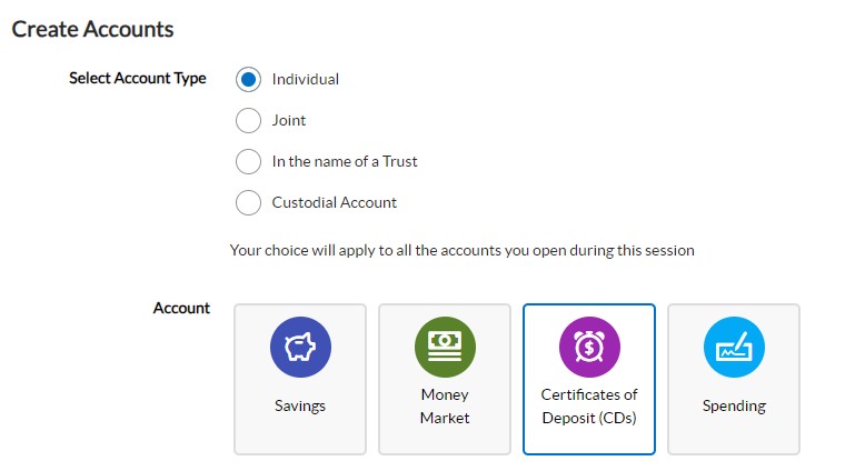 Ally CD application select account type
