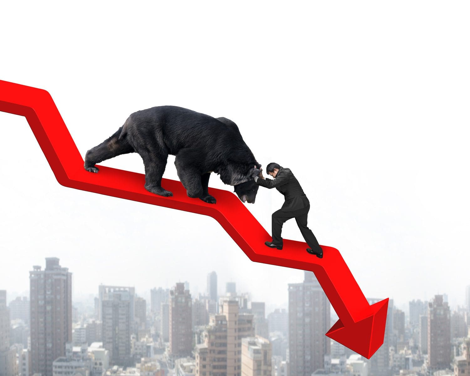 Digital illustration of a red downward-trending stock chart featuring a bear symbol and a businessman.