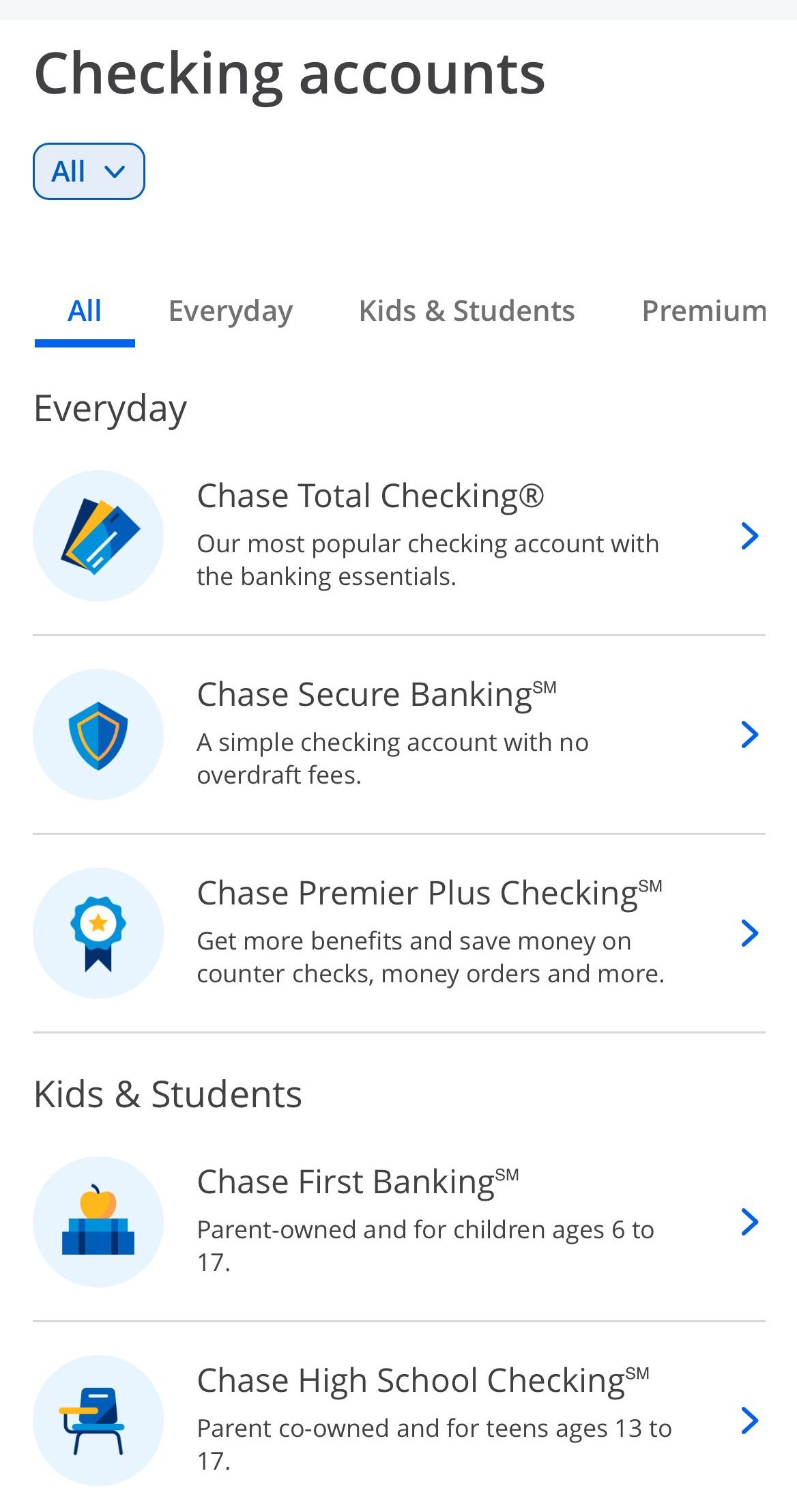 Chase compare checking accounts on app