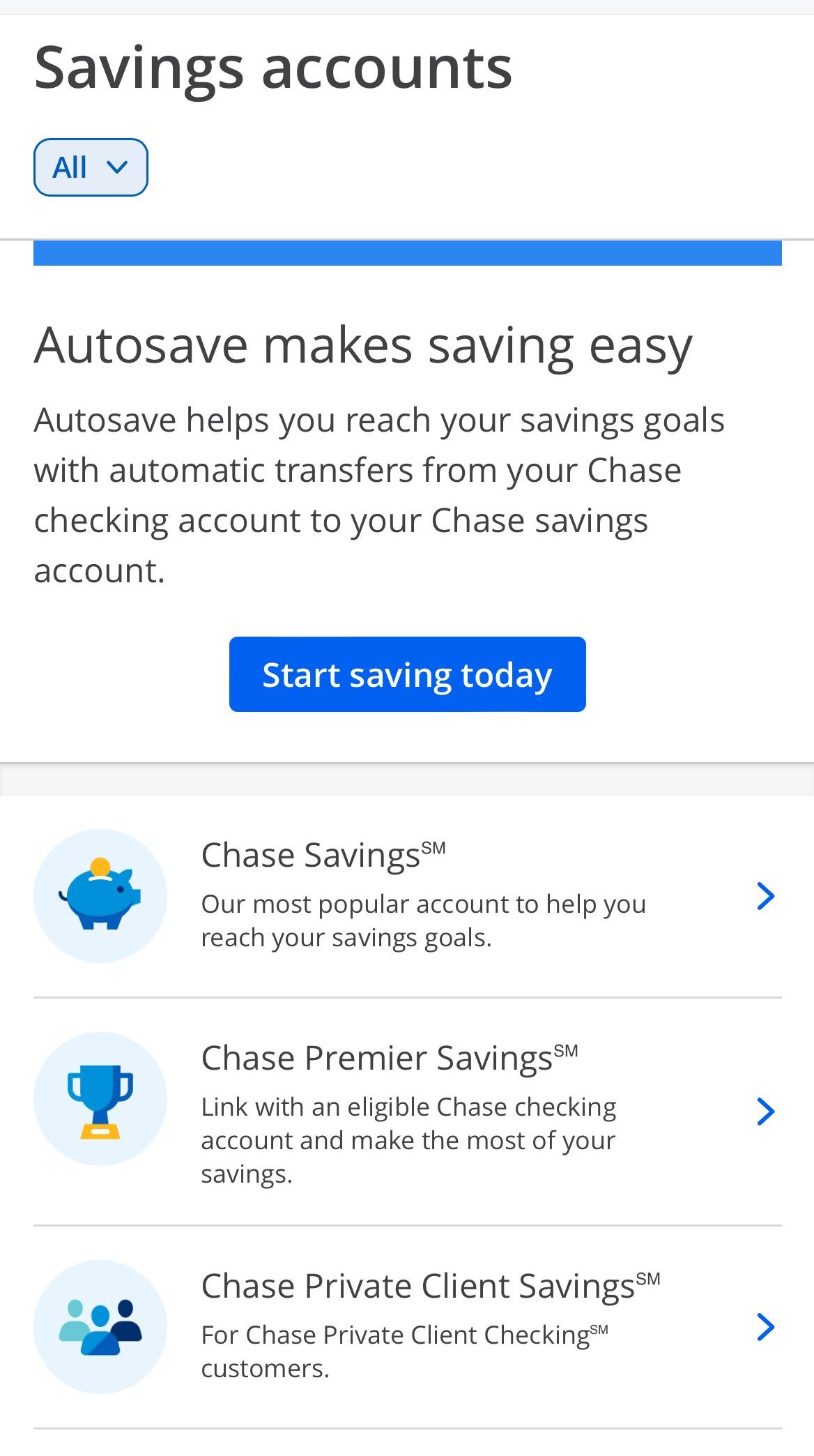 Chase compare between savings account on app