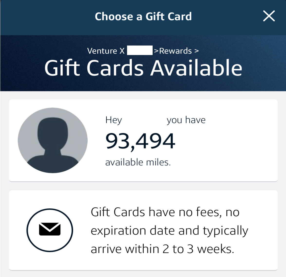 Book a gift card with Venture X miles