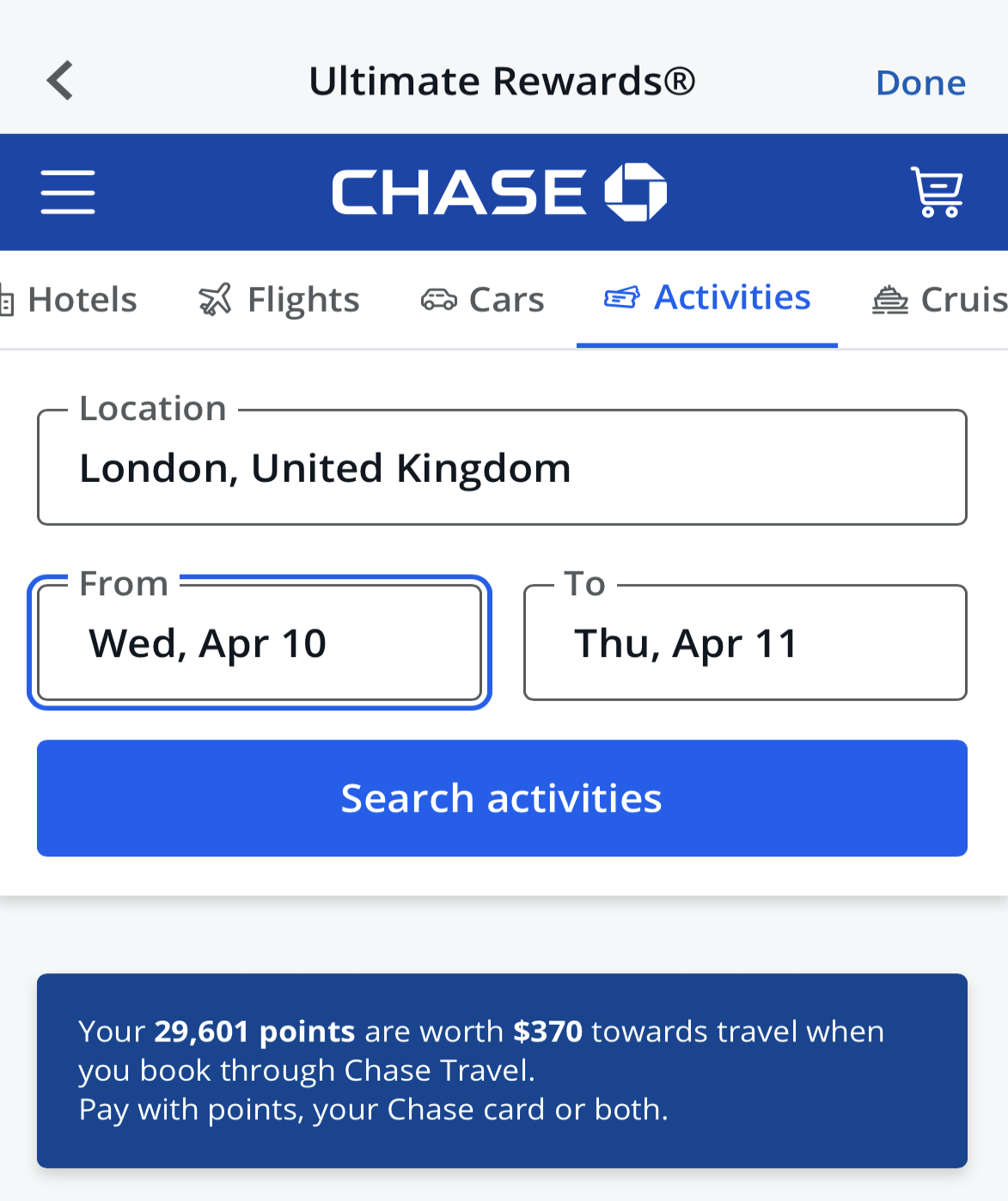 Chase redeem points for Activities