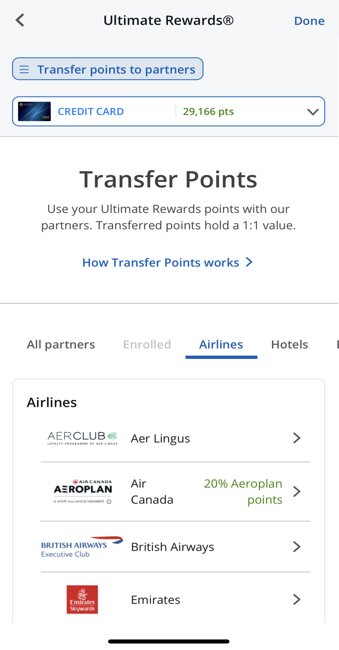 Chase transfer points to airlines
