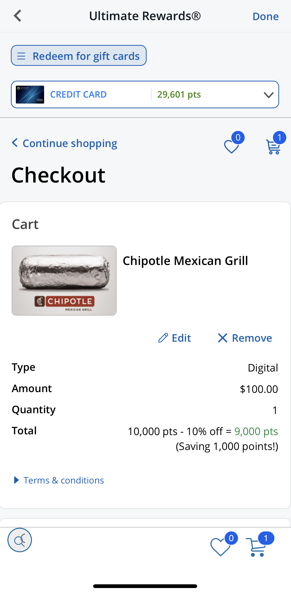 Chase redeem points for Chipotle Gift Card