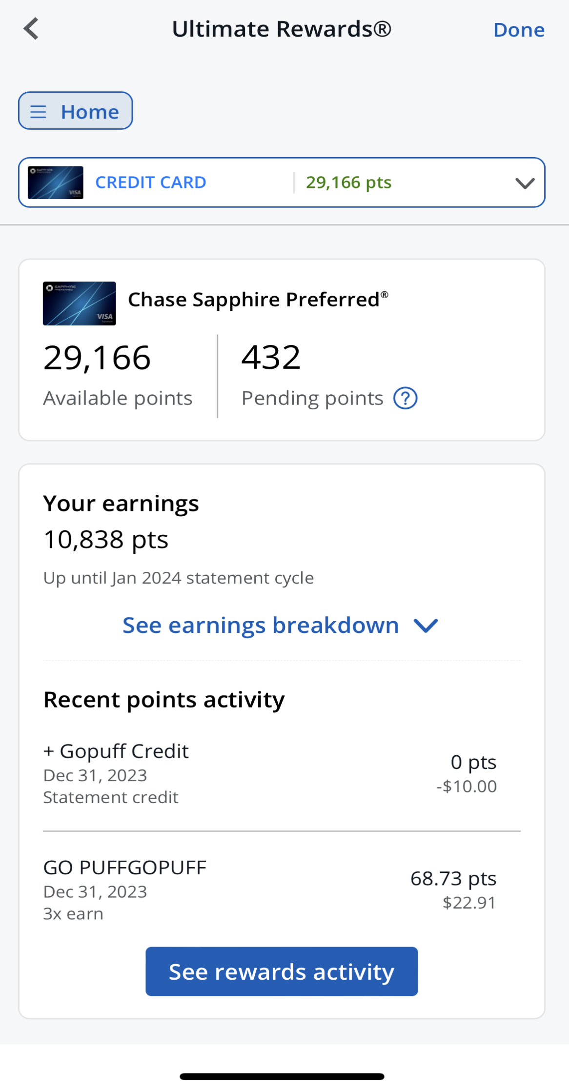 Sapphire Preferred overview on Chase app