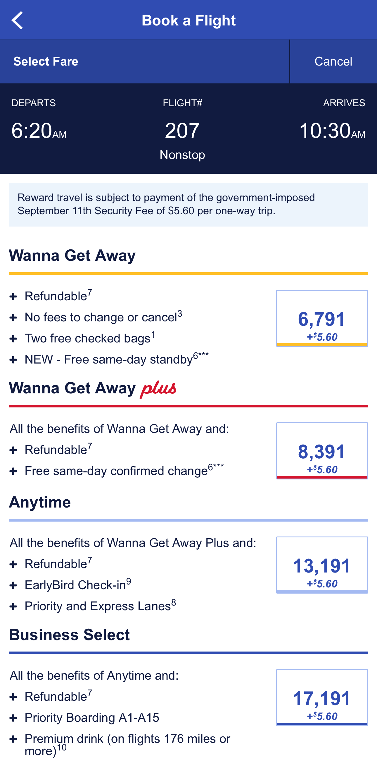 Redeem Southwest points for flights - Wanne Get Away, Anytime, Business Select
