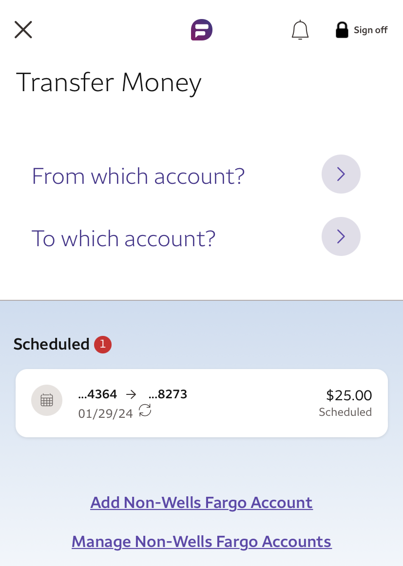 Transfer money in Wells Fargp app
