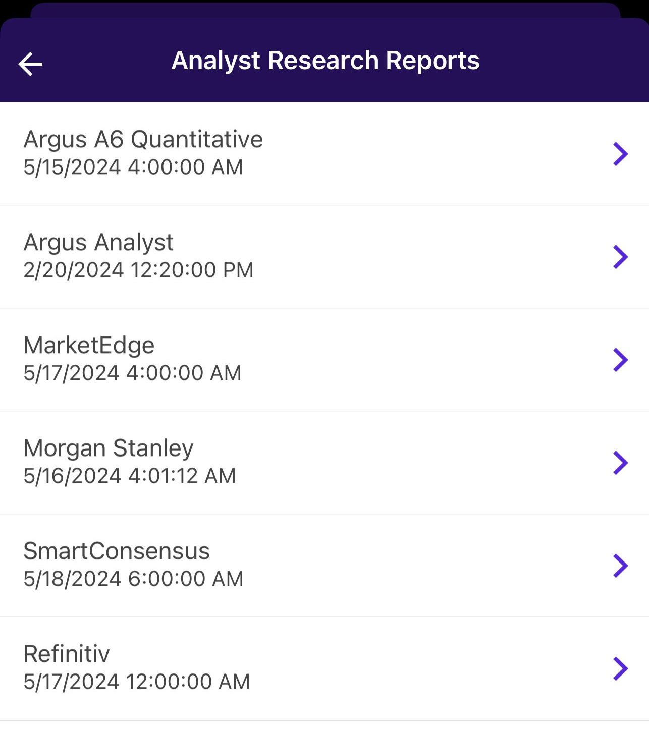 Analyst research reports, Etrade app