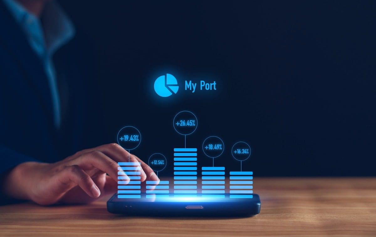 Futuristic digital illustration of an automated portfolio management dashboard.
