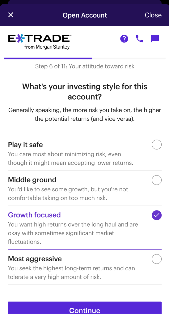 choose investing style when opening Etrade account