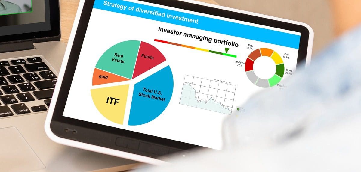 Digital tablet displaying a diversified investment portfolio chart with asset allocation and performance metrics.
