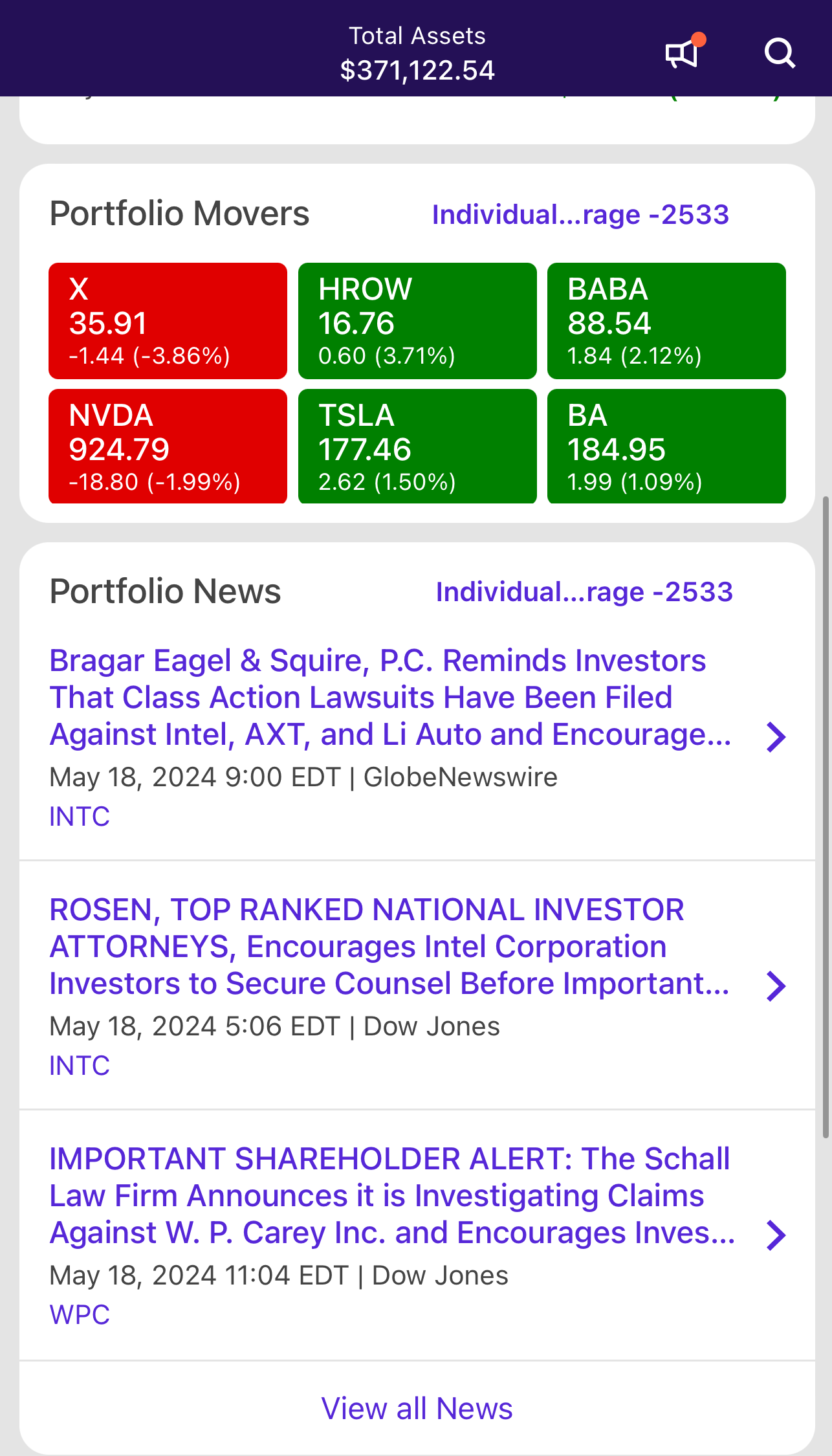 portfolio movers on Etrade