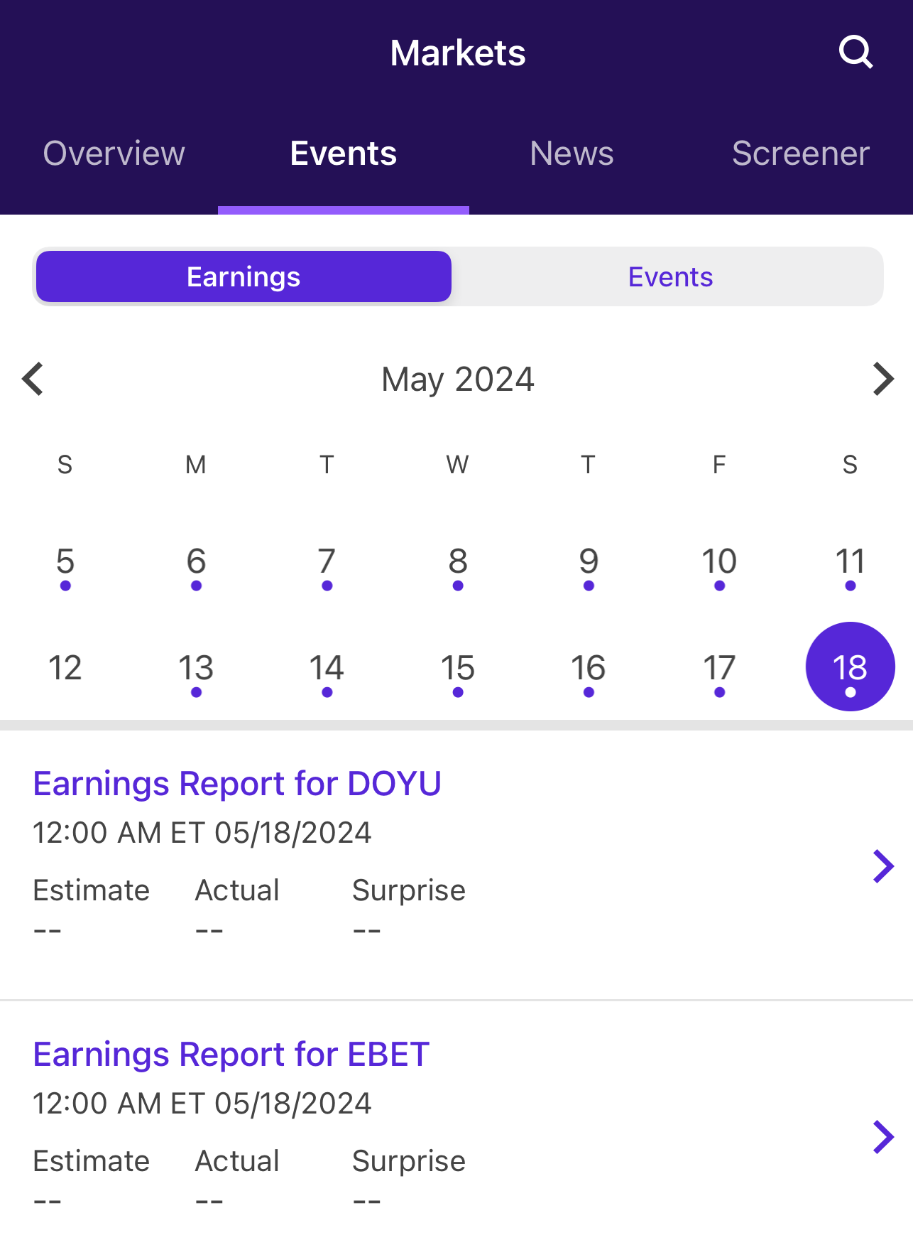 see all earnings report schedule, Etrade