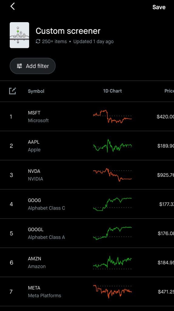Robinhood custom stock screener