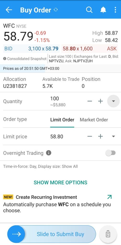 buy stock order example, Interactive Brokers