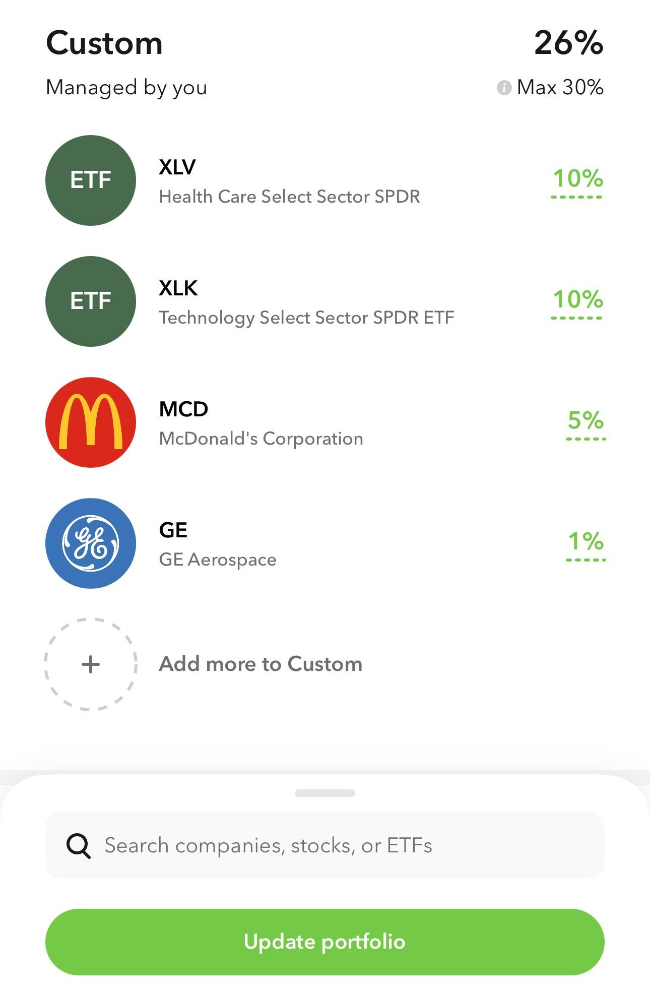 creating portfolio on Acorns