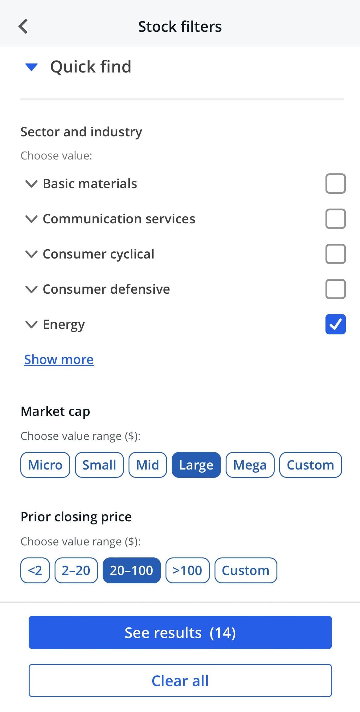 research stocks by filters on JPM self directed