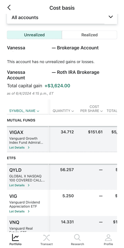 account holdings, Vanguard