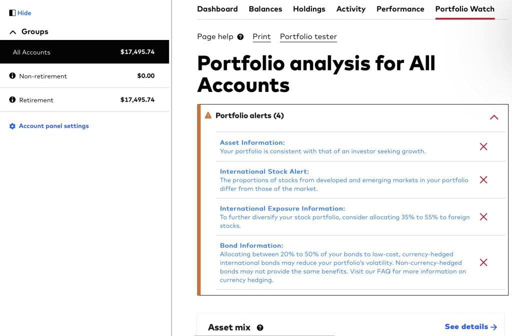 Portfolio tester, Vanguard