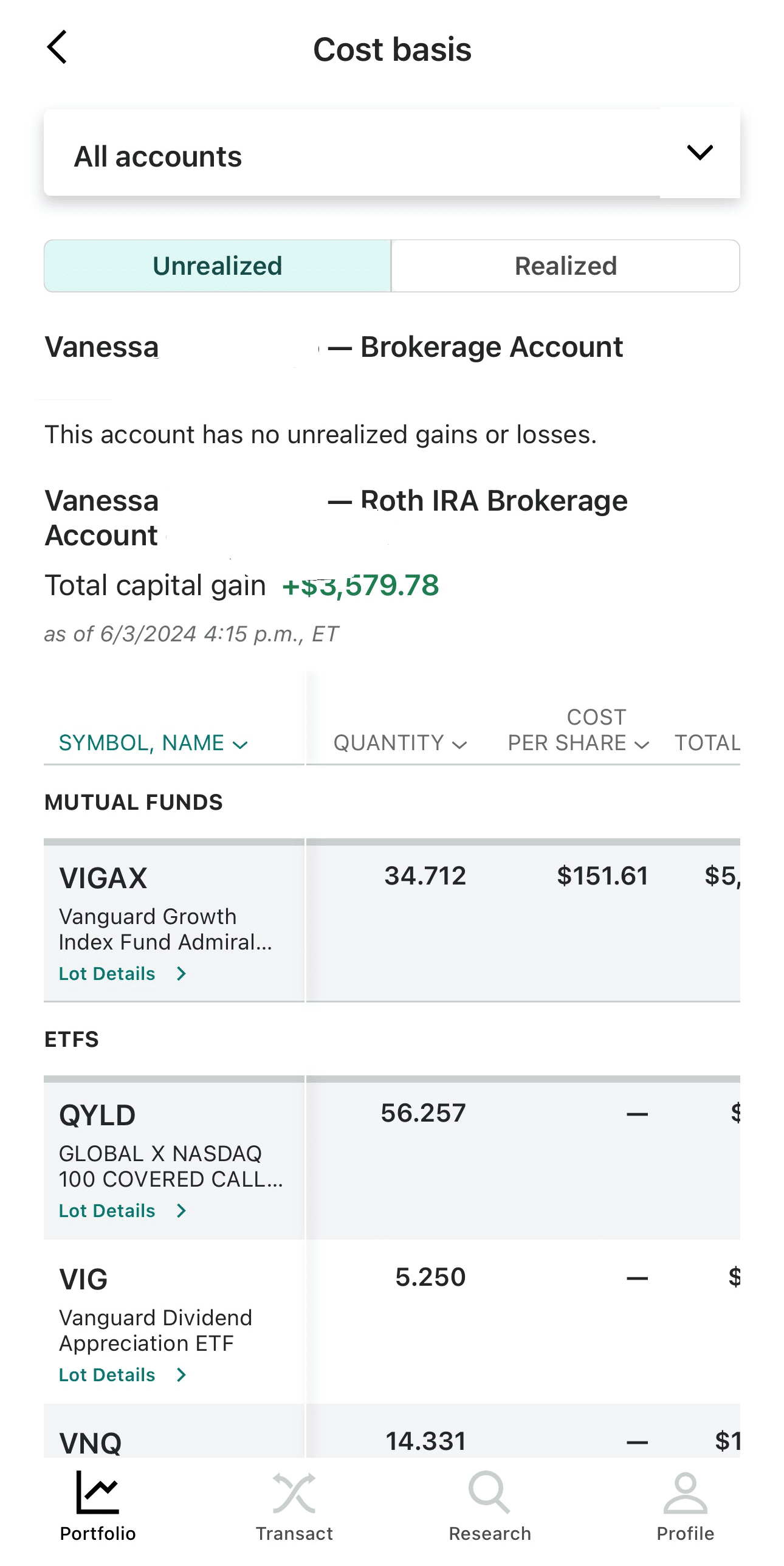 Cost basis analysis, Vanguard