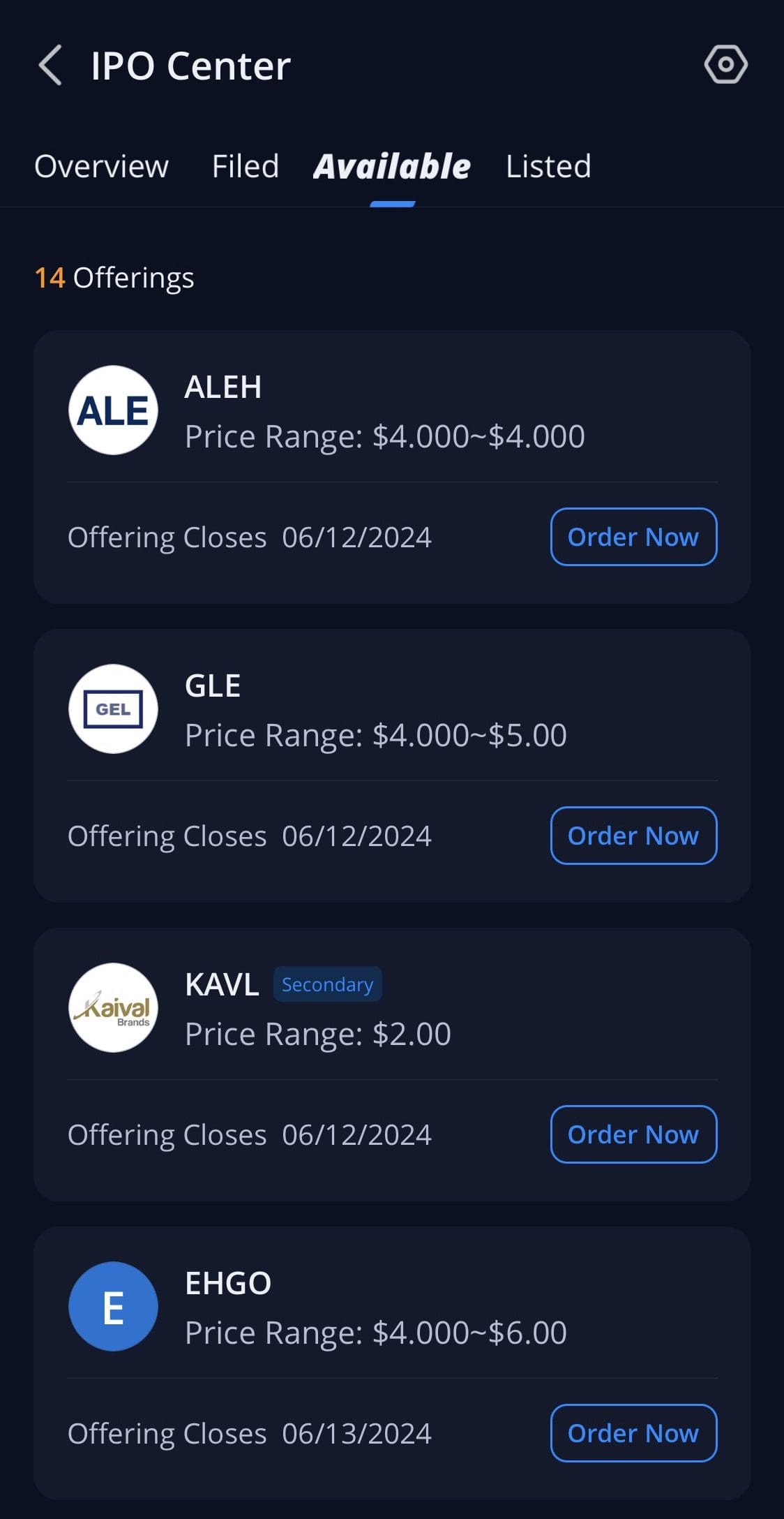 Order from available IPOs