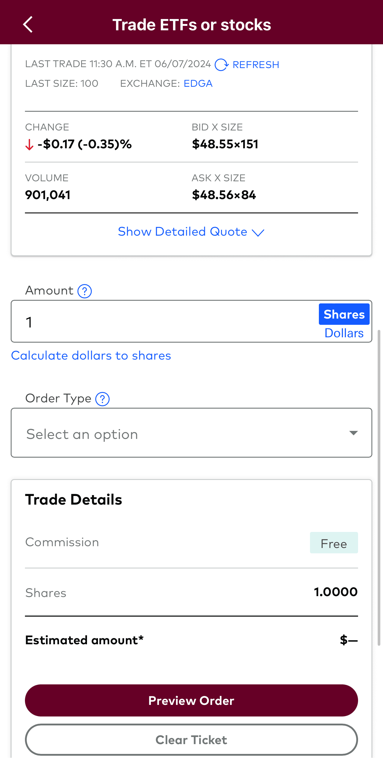 Sell ETF order, Vanguard