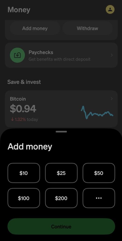 Add money, Cash App