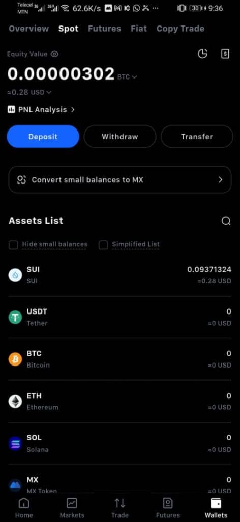 Assets in MEXC wallet