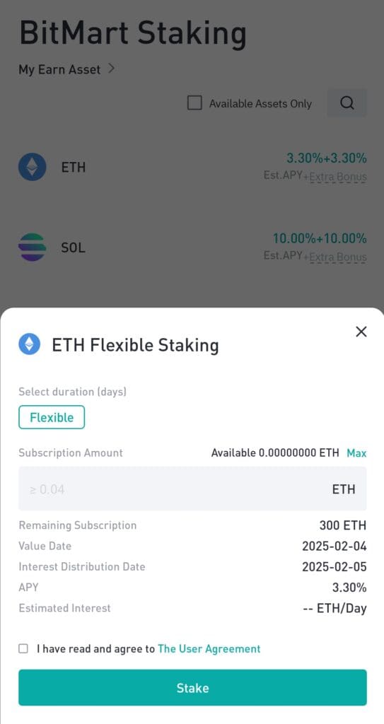 Ethereum staking on Bitmart