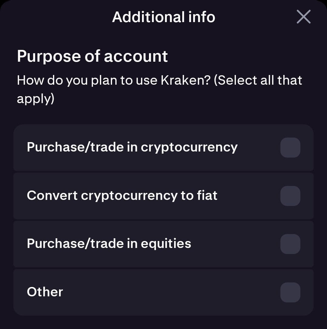 Kraken account opening, purpose of account