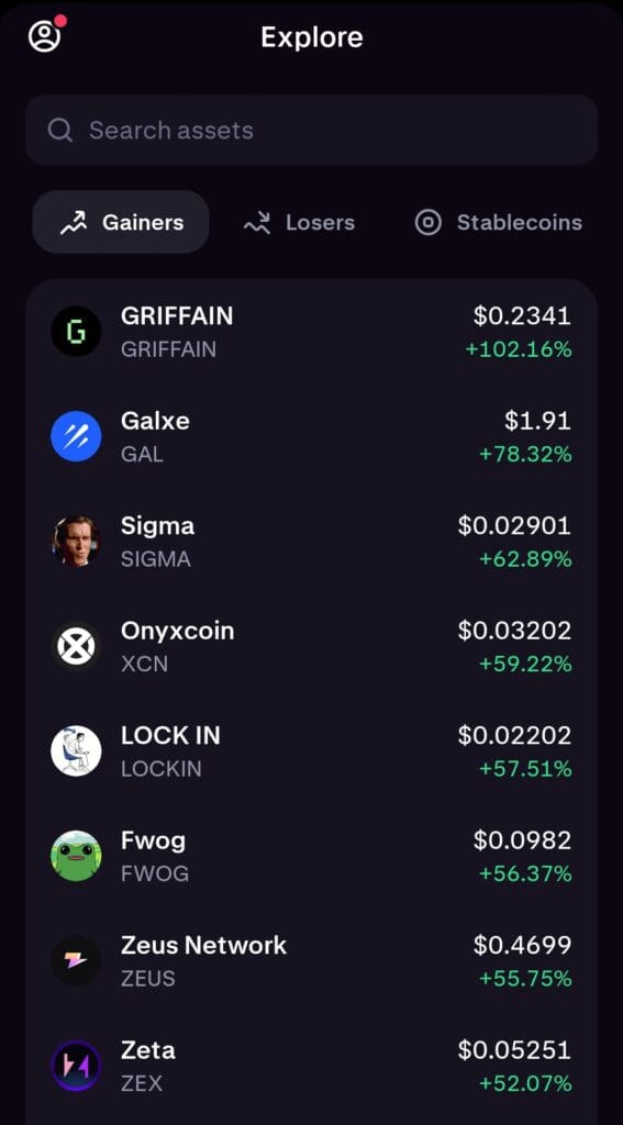 Kraken top gainers list