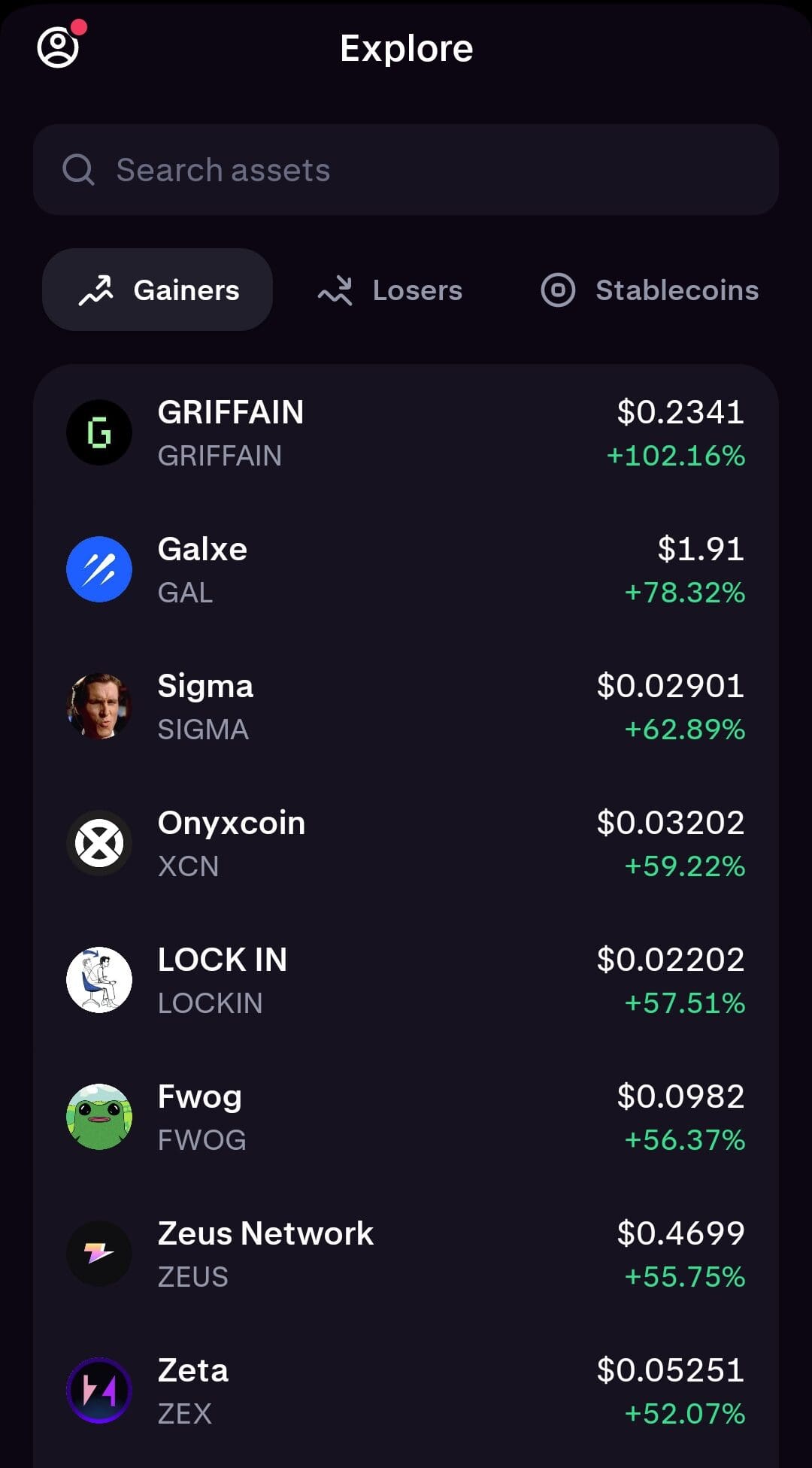 Kraken top gainers list