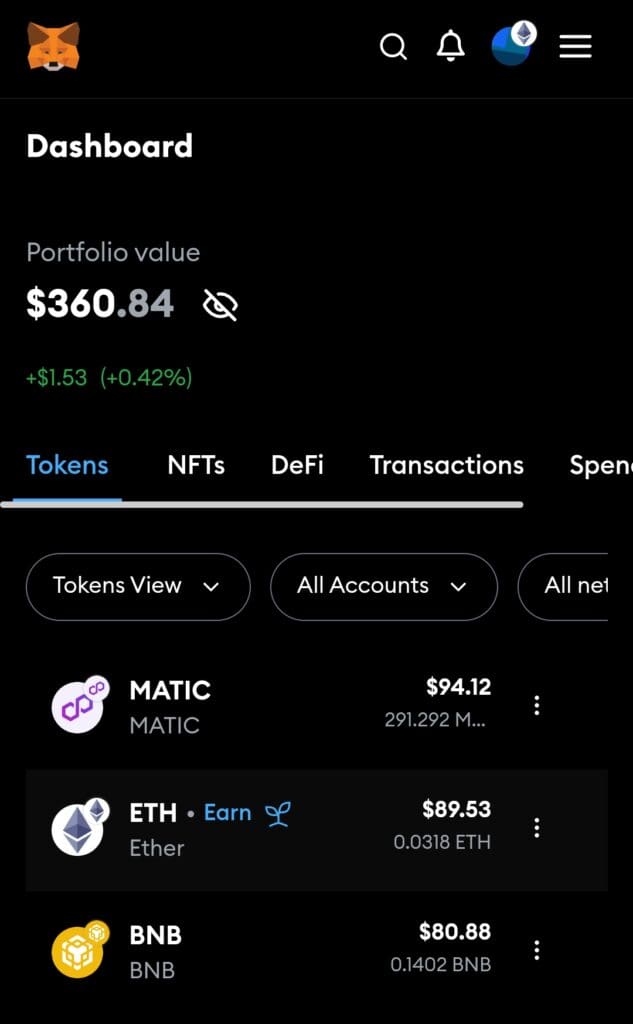 Metamask wallet dashboard