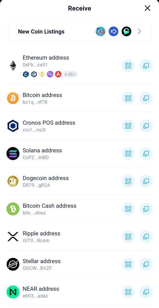 Receive crypto, crypto.com DeFi wallet.