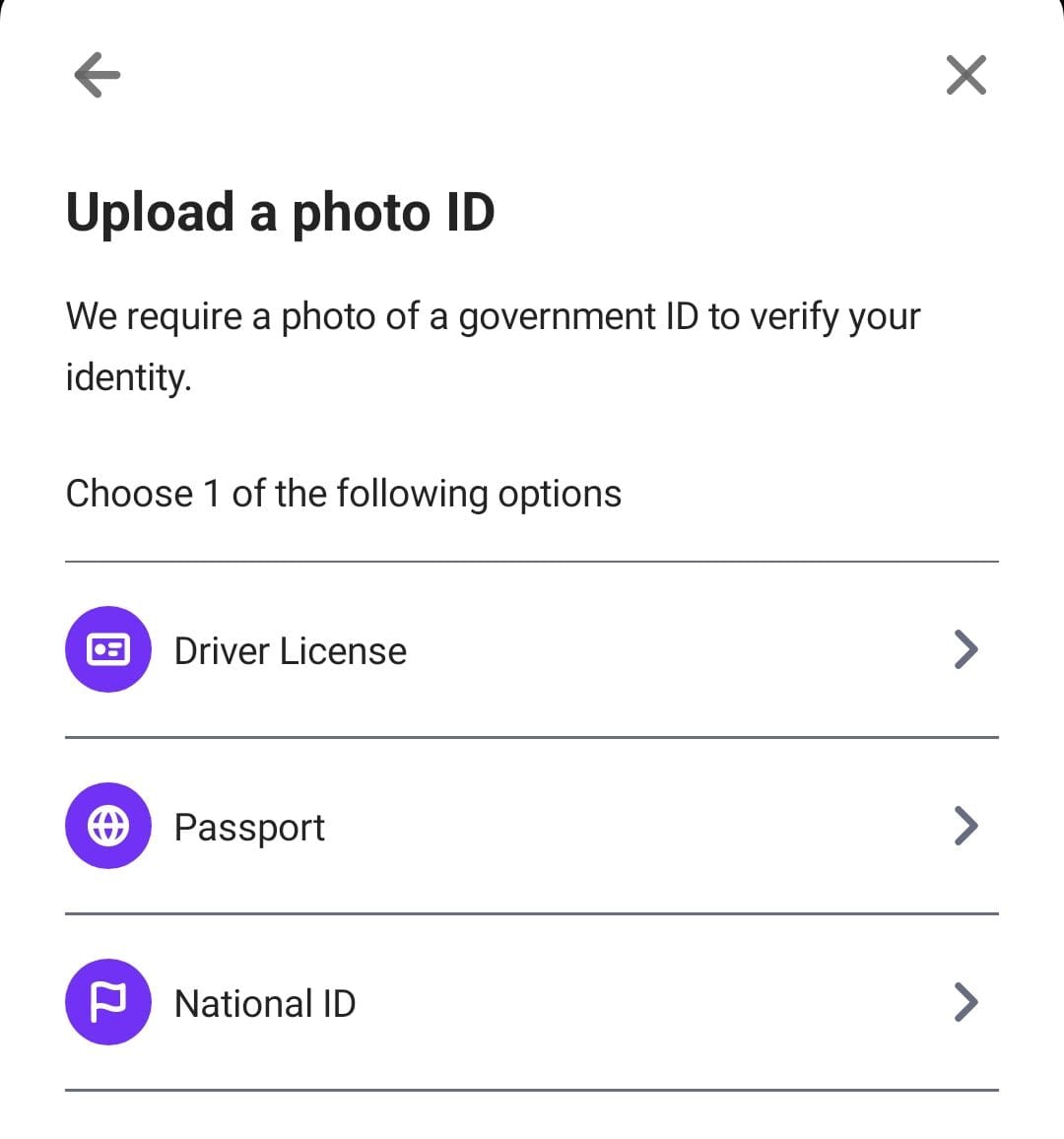 Upload photo ID, Kraken account opening