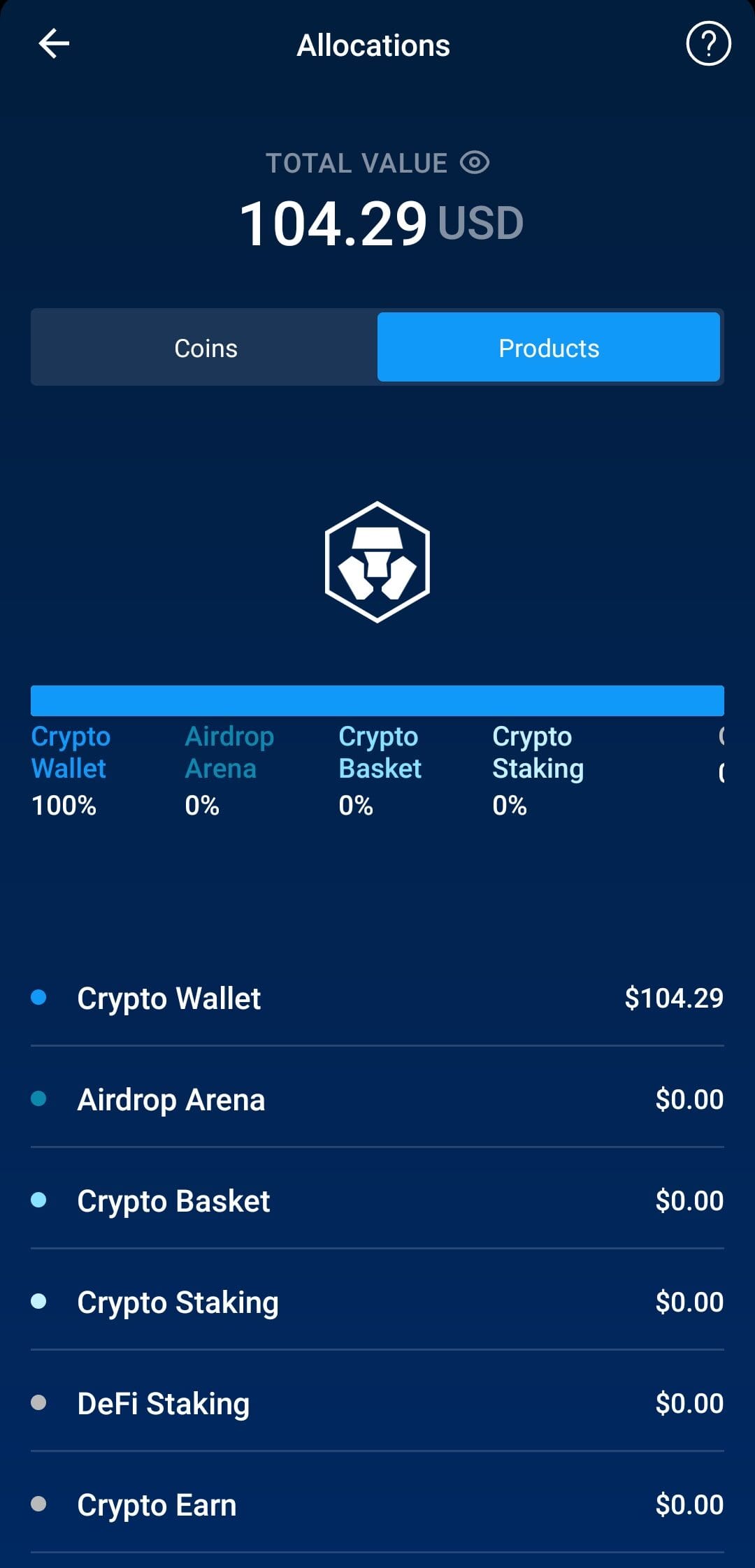 Screenshot of Crypto.com app displaying cryptocurrency wallet product allocations.