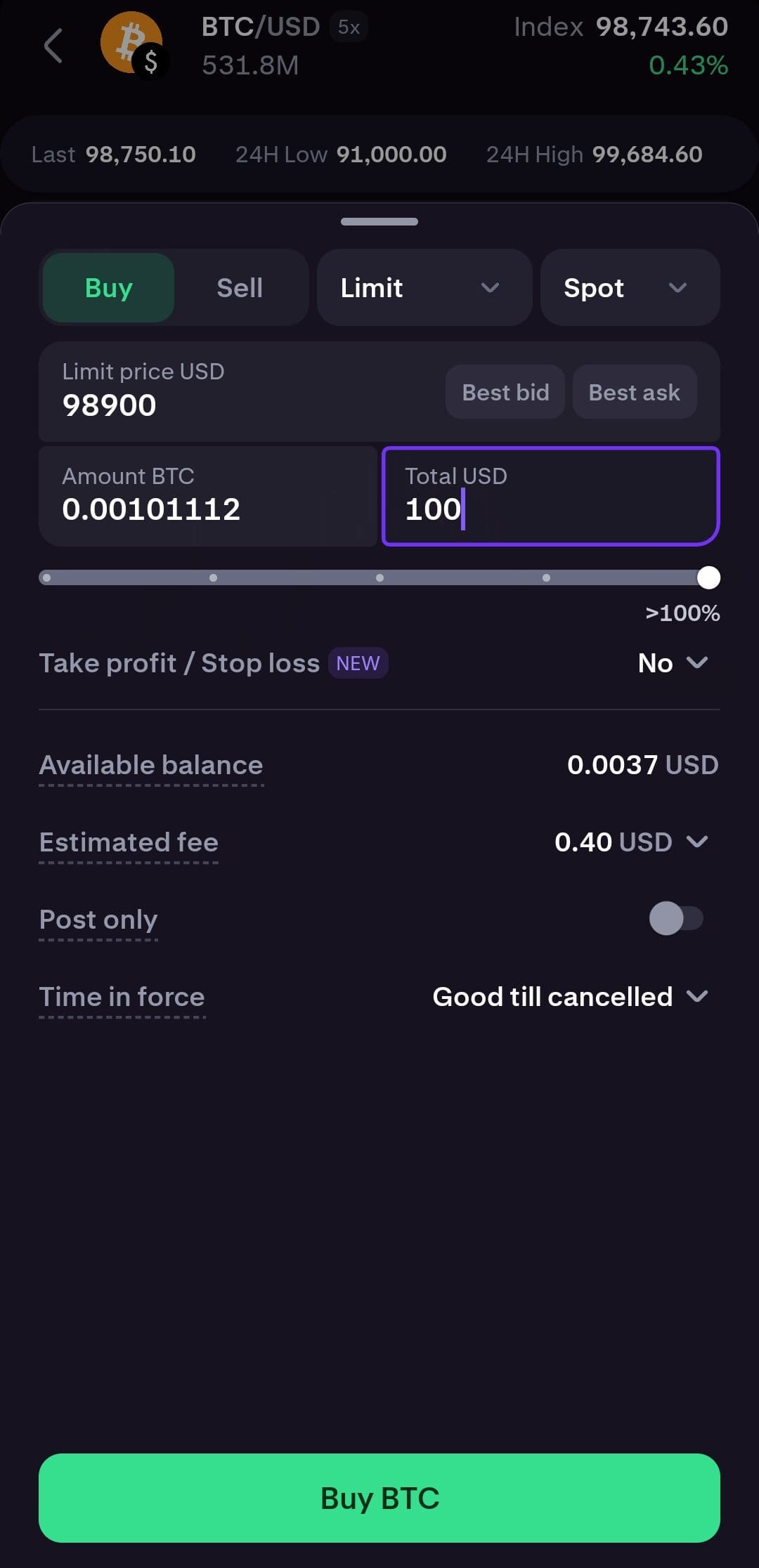 buy BTC, Kraken Pro