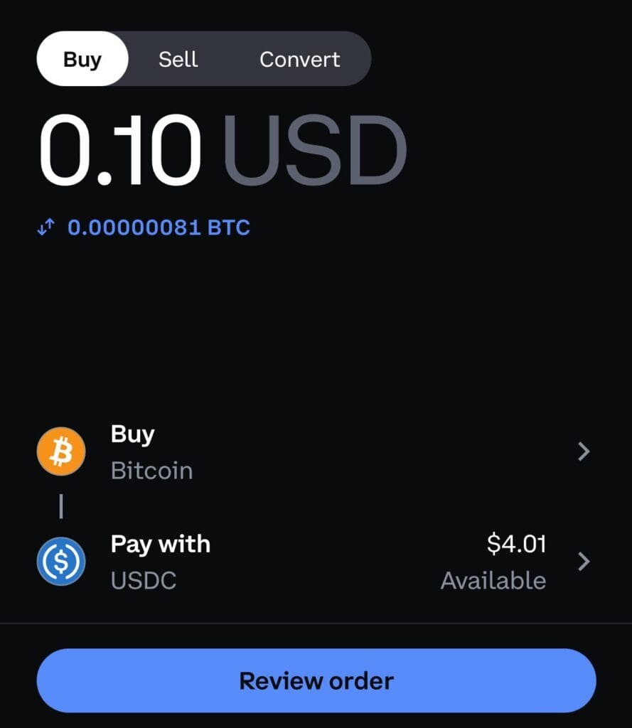 Buy Bitcoin order, Coinbase