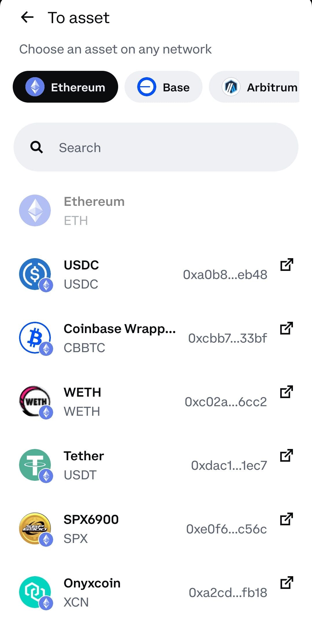 Choose asset network, Coinbase wallet