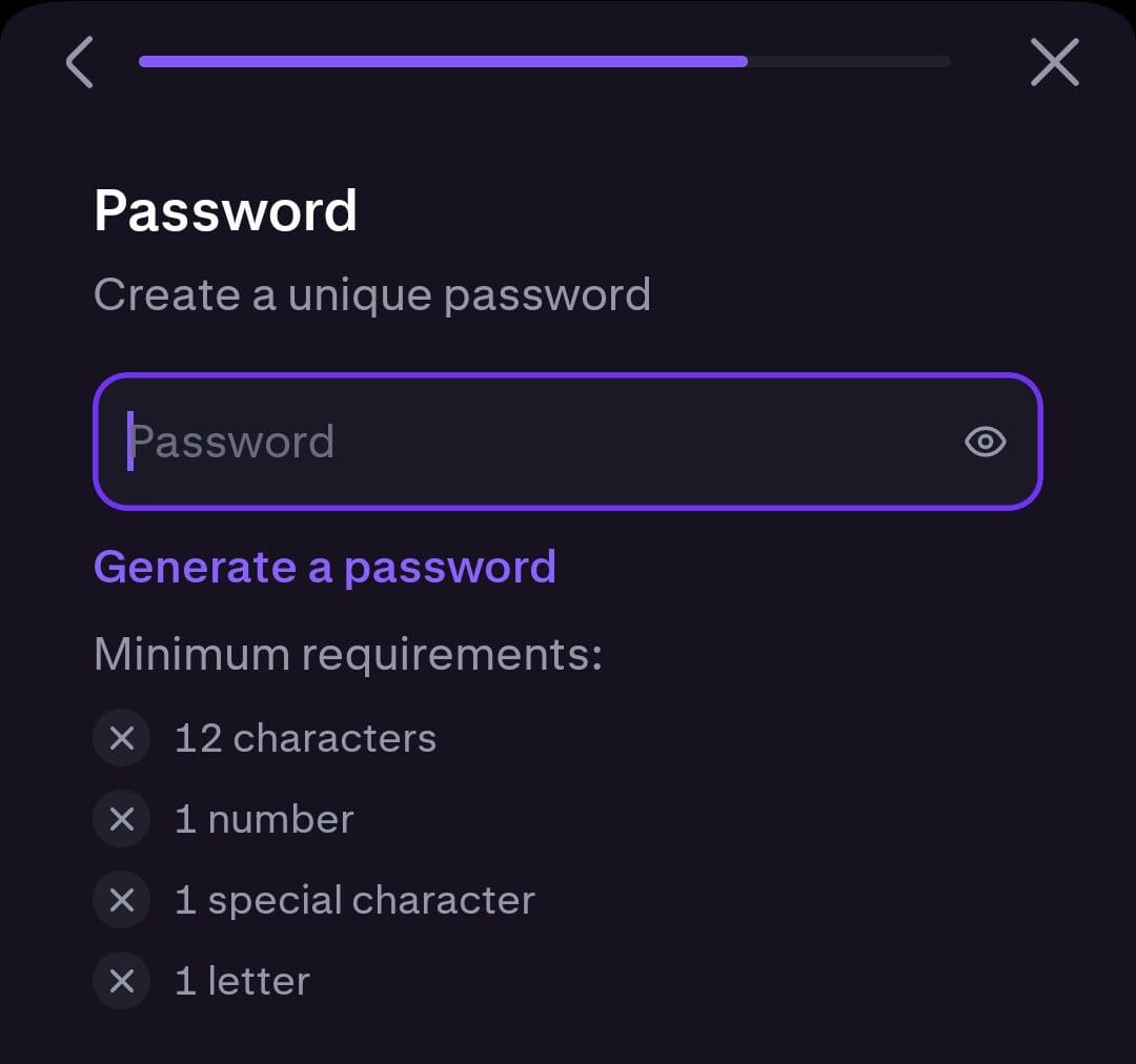 create password, Kraken account opening