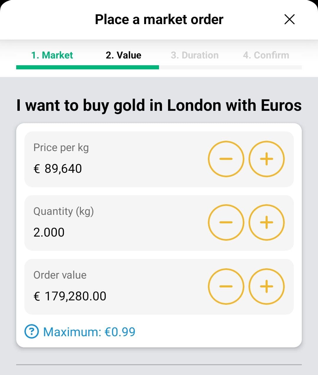 place a market order, Bullion Vault