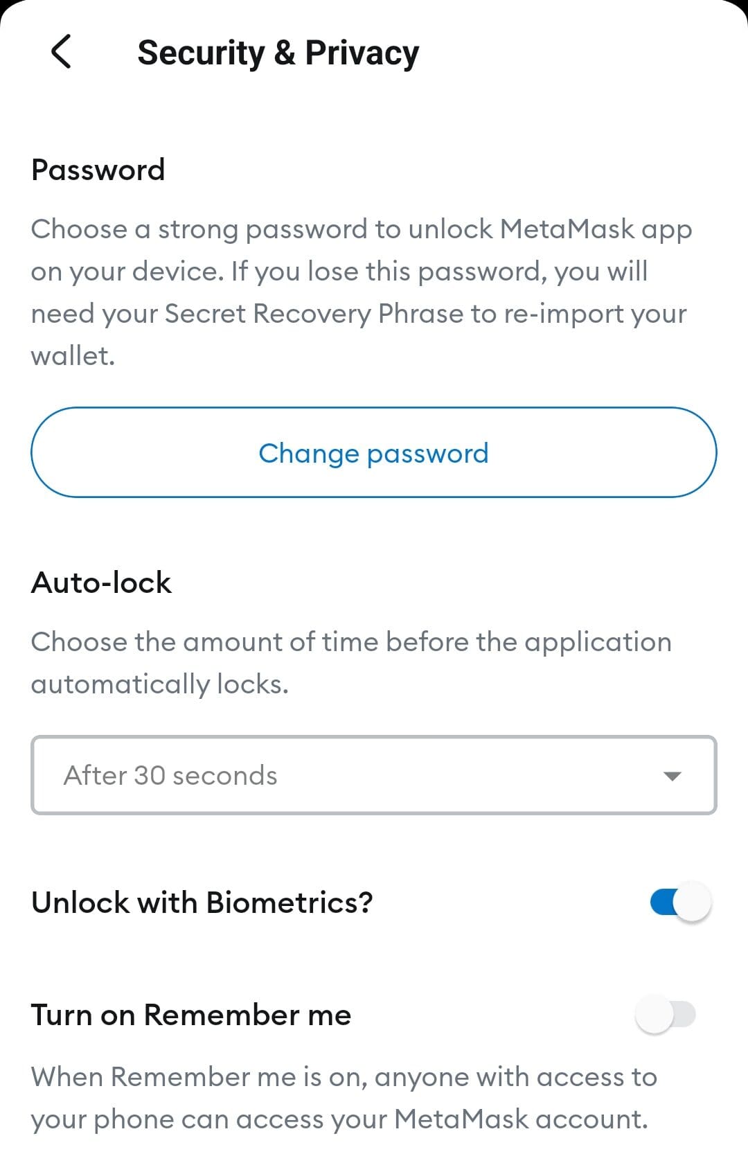 security settings on Metamask wallet