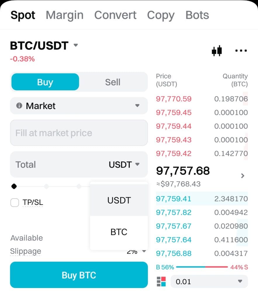 trade BTC, Bitget