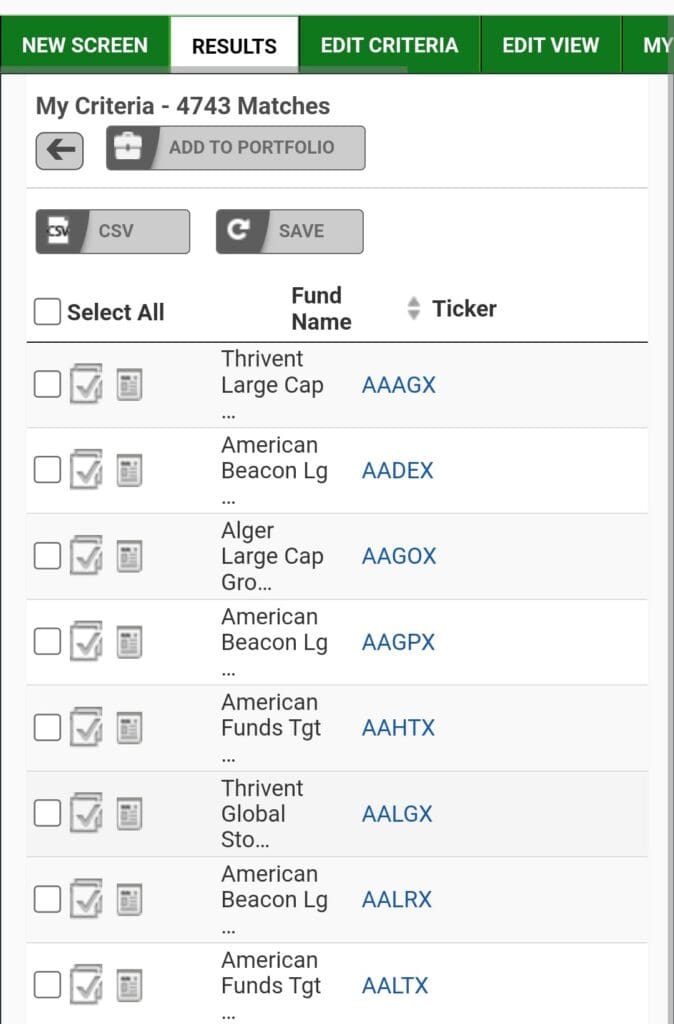 ETF screener results, Zacks Premium