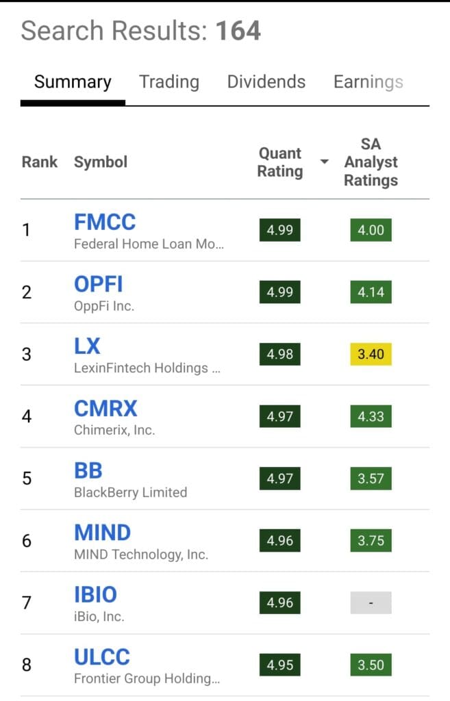Seeking Alpha premium screener results